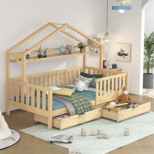 Kinderbett in Holzfarbe 90x200cm Hausbett kinder mit Schubladen,Jugendbett,Massivholz mit Lattenrost