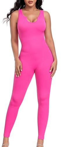 Aerides Jumpsuit Damen Gerippte Lang Ärmellos Yoga Bodysuit Einteiler Stretch Bodycon Playsuits Eng Overall Trainingsanzug Sexy Workout Sport Strampler(Rosa, L)