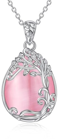 YAFEINI Collier Arbre de Vie en Argent Sterling 925, Pierre Naturelle Rose, Pendentif, Bijoux pour Femmes et Filles (PP-Collier d'opale rose arbre de vie)