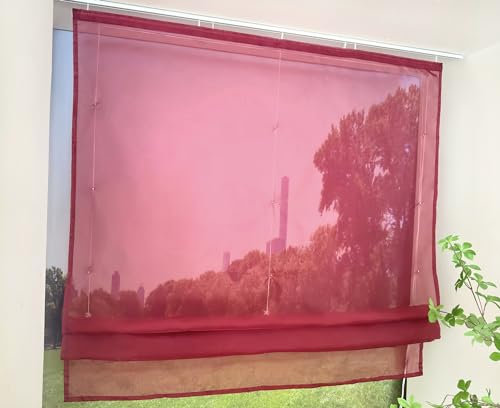 Devola Raffrollo Transparent mit Klettband Raffgardinen Modern Wohnzimmer Gardinen Einfarbig Bändchenrollo Landhaus Voile Vorhang Kurz HxB 140x120cm Rot 1 Stück