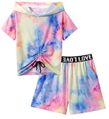 Arshiner Mädchen Bekleidungssets Batik Tshirts mit Shorts Sets Kinder Sommer Freizeit Kurz Trainingsanzuge Mode Zweiteilig Outfit für Mädchen 9-10 Jahre