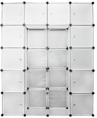 Fogmiea Regalsystem Kleiderschrank Modularer Garderobenschrank DIY Kleiderschrank Regalsystem mit 20 Würfeln und Türen, Platzsparendes Kunststoff-Steckregal, Einfache Montage, Weiß