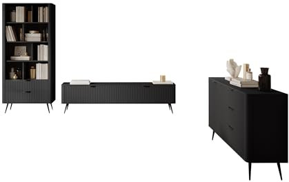 Mirjan24 Wohnzimmer-Set Literpo II, geriffelte Fronten, Metallfüße, Aluminiumgriffe, Anbauwand, Wohnzimmerschrank, Schrankwand, im Set: Kommode, Regal, TV Lowboard (Schwarzer Graphit)