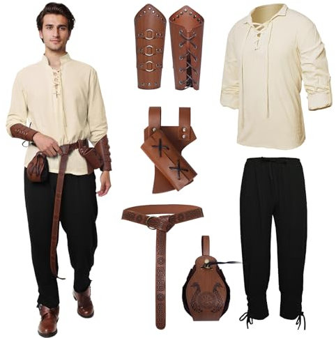 Medieval Clothing Men's Viking Costume Set with Men's Medieval Pirate, Medieval Trousers with Men's Arm Guards/Knight Belt/Retro Pirate Gold Coin Bag/Sword Bag (White Black, M)