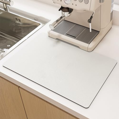 Highdi Draining Board Mats for Counter, Kitchen Super Dish Draining Mat Solid Color, Fast-Drying Dishes Drainer Mat, Non-Slip Rubber for Coffee Mat for Counter Worktop Bar Sink (40x50cm,White)