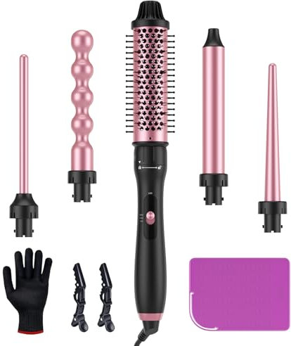 LANDOT Rizador de Pelo Ondas 5 en 1 Set: Tenacillas Para Rizar el Pelo - Cerámica Ondulador de Pelo con Barras Recambiable y Thermal Brush y Estera de Silicona Resistente al Calor