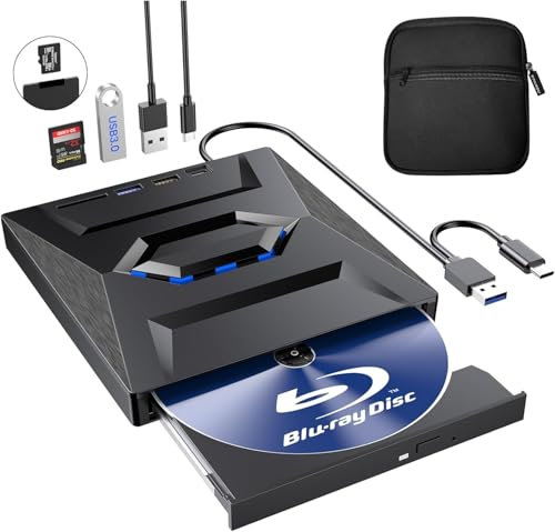 External Blu Ray Drive with Case,Portable Bluray Player Writer Reader,CD Burner with USB 3.0 typc C Port& SD Card,DVD & CD-ROM +/-RW,External Blu-Ray Drives for PC Laptop Desktop Windows Mac Linux