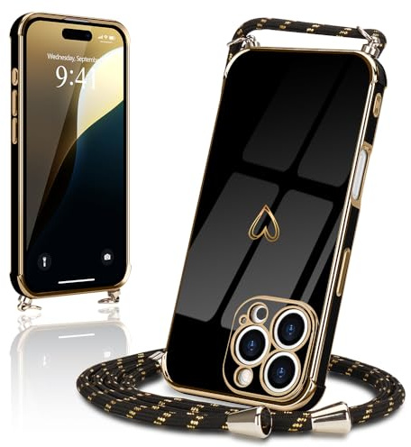 Micoden Handykette für iPhone 16 Pro Max Hülle Necklace mit Band Herz | Kameraschutz Handyhülle Herz Design Galvanik Dünn Silikon Case Bumper Kordel zum Umhängen Stoßfeste Schutzhülle, Schwarz