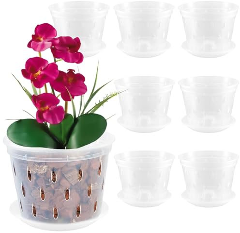 MUKSEUT 8 PCS 15cm/6 Inch Clear Orchid Pots, Plastic Flower Plant Pots with Side Drain Holes and Trays, Clear Plastic Orchids Pots for Living Room, Office, Yard, Garden, Balcony