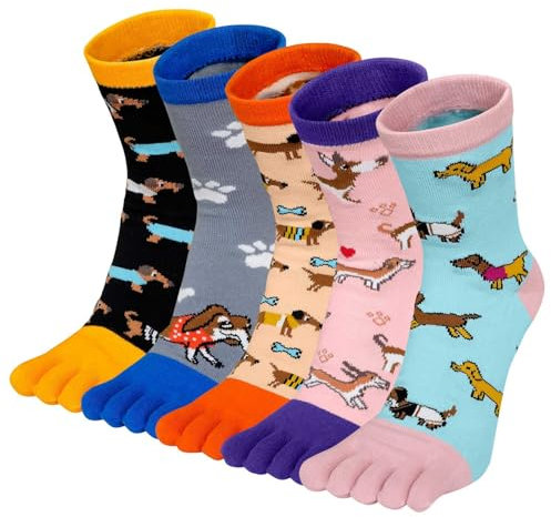 Zehensocken Damen Fünf Finger Socken aus Baumwolle, Damen Sneaker Socken mit Zehen für Sport Laufende Freizeit, atmungsaktive und bunte Socken Hund-5 Paare, 36-41, 5 Paare