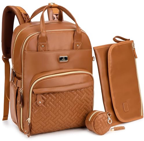 Dikaslon Wickeltasche Rucksack – Großer Wickelrucksack aus PU-Leder mit viel Stauraum, Wickeltasche groß mit Schnullerhalter, Wickelauflage & Kinderwagengurten – für Mama & Papa (Dunkelbraun)