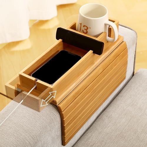Bamboo Sofa Arm Tray Table Couch Armrest Tray Couch Arm Table Sofa Cup Holder Trays Anti-Slip Sofas Armrest Trays for Phone Cups Remote Drink Snacks Flexible and Foldable