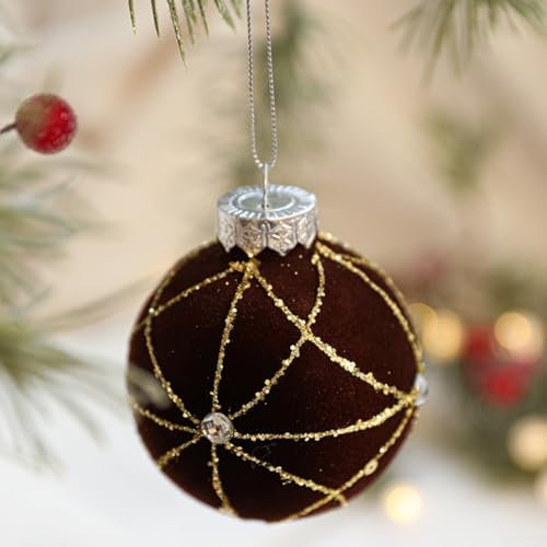 Samt-Weihnachtsbaumkugeln, zum Aufhängen, beflockte Ornamente, elegant, bruchsicher, Weihnachtskugeln für Weihnachtsbaum, Party, Braun, 9 Stück
