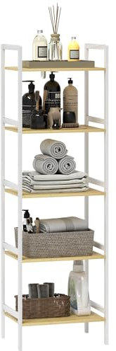 HOMCOM 5-Tier Bamboo Bathroom Storage Shelf, Freestanding Shelving Unit with Adjustable Rack for Kitchen Bathroom Living Room, Natural and White