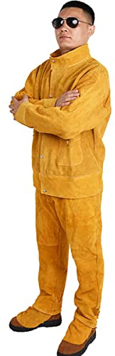 Leather Welding Jacket for Men Women, Heat Flame Resistant Western Welder Jacket, Heavy Duty Safety Jacket,Yellow,XXL
