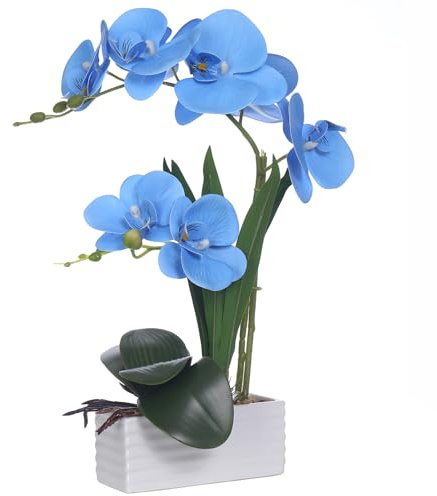 Artificial Real Touch Orchid Flowers with White Ceramic Vase, Blue | Fake Phalaenopsis Arrangement, for Home Table Office Wedding Party Decoration