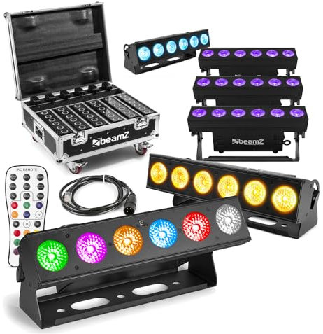 beamz 6x BBB612 Wireless Battery Powered Uplighter Bars & Flightcase – LED Bar Light Kit with 6-in-1 RGBAW-UV Colour Mixing, DMX Compatible, 20 Hour Battery Life | LED Wall Washer Light