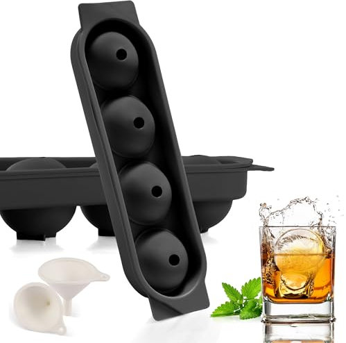 Cubiteras para Hielo, 2 Piezas 4 Redondo Silicona Cubitera Moldes con Tapa, 4.5cm Grande Cubitera Silicona Ice Cube Tray para Cerveza Cócteles Whisky Vino Frutas Puré de Frutas - Negro