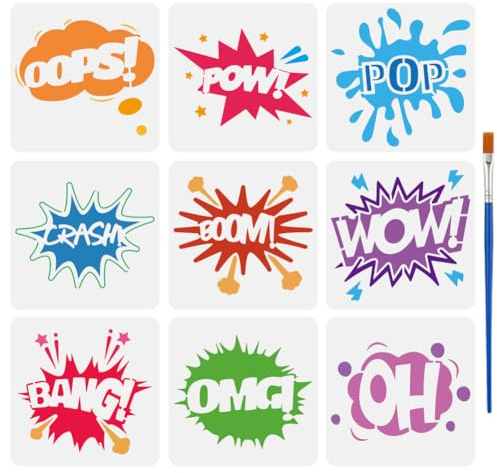 FINGERINSPIRE 9 Stück Comic Text Malschablone Mit Pinsel 15x15cm OOPS WOW POP CRASH BOOM BANG OMG OH Zeichenvorlage Stern Mit Worten DIY Schablone Zum Malen Auf Holz Wand Stoff