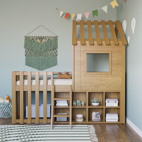 Luxeza Kinderbett Hausbett 90x200, mit Dach und Fenster, mit offenem Stauraum, mit Kletterleiter, Massivholz-Kinderetagenbett ohne Matratze (Holzfarbe)