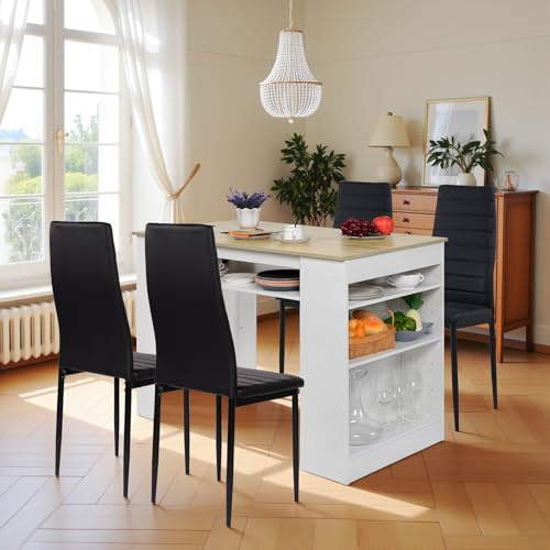 EGGREE Esstisch mit 4 Stühlen Essgruppe, Bartisch Set, Schreibtisch mit AC-Steckdosen und USB-Anschlüssen, 111cm Küchentisch mit 4 Ablagen für Wohnzimmer, Küche(Weiß Eichentisch+4 Schwarz Stühle)