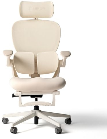 HINOMI Q2 Ergonomic Office Chair with Lumbar Support & Adjustable Headrest, Mesh Seat with Flip-Up Arms, Reclining Computer Seating with Footrest, Stylish Desk Model for Home (Cream White)
