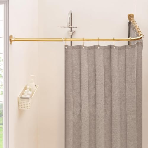 Shower Curtain Pole, L Shaped Shower Curtain Rail, Extendable Shower Curtain Rod for Bathroom, Clothing Store, 304 Stainless with 12 Ring Hooks & Ceiling Support (Gold, 100-175cm x 140-214cm)