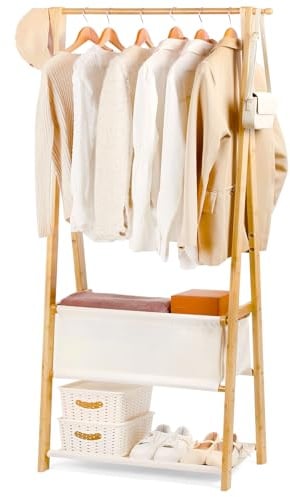 Relquorax Kleiderständer Bambus, Garderobenständer offener Kleiderschrank mit Aufbewahrungstasche und Ablage Kleiderstange Haken, stabil für Schlafzimmer Flur (S - 80cm)