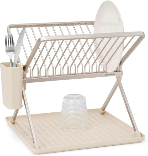 Brabantia SinkSide Escurridor para fregadero plegable (Soft Beige), escurridor de platos para fregadero con escurridor de cubiertos extraíble, versátil para la vajilla