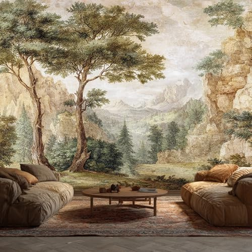 Forest Wallpaper, Vintage Landscape Mountain Tree Mural Wallpaper, Forest Room Decor Wall Art for Living Room Bedroom Kitchen 200L x 150W cm