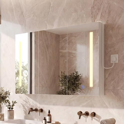 LED Bathroom Mirror Cabinet with Shaver Socket,Wall Mounted Mirror Cabinet with LED Lights&5 Shelves,3 Colors,Adjust-Brightness,3 Doors Bathroom Cabinets with Mirror,Bathroom Storage Cupboard,90*60CM