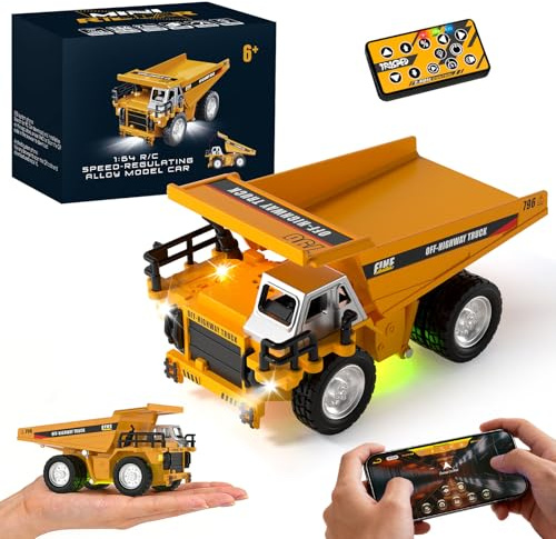 YESHIN Mini RC Muldenkipper aus Metall, 1:64 Ferngesteuerter Kipplaster LKW | APP Steuerung, 3 Geschwindigkeiten, Kippfunktion per Knopfdruck, Licht & Sound, USB Wiederaufladbar, Automatische Demo