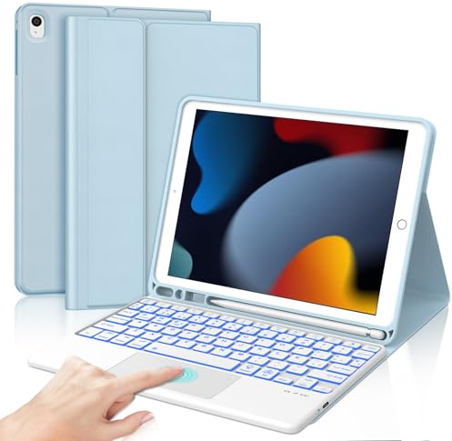 Funda Teclado para iPad 9/8/7 Generacion 10.2/Air 3/iPad Pro 10.5 10.5 | Capa Keyboard Touchpad Retroiluminación Bluetooth Magnético, QWERTY Español Ñ, Desmontable con portalápices, Azul claro