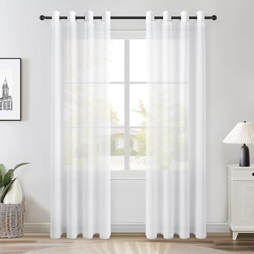 Topfinel Gardinen Wohnzimmer Stores Gardinen mit Ösen Weiß Voile Vorhang Halbtransparent Moderne Leinenoptik Vorhänge Kinderzimmer Gardinen Kurz Fenster 215x140 cm (HxB) 2er Set