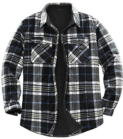 Camicia giacca da uomo in flanella foderata in caldo pile Sherpa (tutto foderato in pile Sherpa), blu navy/beige., Small