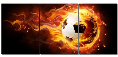 TAOMI Triptychon Fußball mit goldener Flamme Jungenzimmer Schlafsaal Wandkunst Feuer Fußball Sport cooler Kunstdruck für Schlafzimmer Fitnessstudio Kinderzimmer Wanddekoration gerahmt 30,5 x 40,6 cm