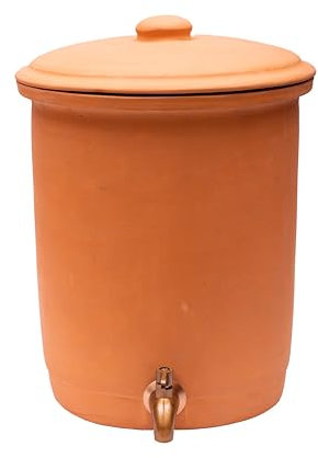 Village Decor Handmade Earthen Clay Water Pot with Stainless Steel Spigot and Lid/Beverage Dispenser 1.8 Gallon