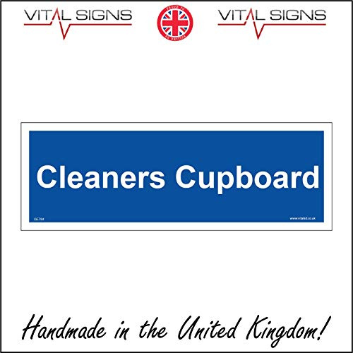 GE784 Cleaners Cupboard Sign Mop Bucket Vacuum Broom Brush Sanitise Polish 150mm x 50mm Sticker/Sav - White Background
