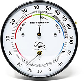 ZILLER Haar-Hygrometer mit Thermometer, Serie Modern, Gehäuse Schwarz, Ziffernblatt Weiß, Durchmesser 10cm, Made in Germany