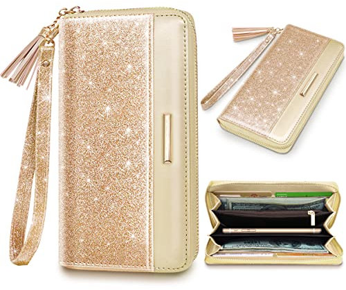 Coco Rossi Geldbörsen für Damen, PU-Leder, Kartenhalter, Organizer, Damen-Clutch mit Quaste, Handgelenkschlaufe, Champagner-Gold-Glitzer, long purse, Casual