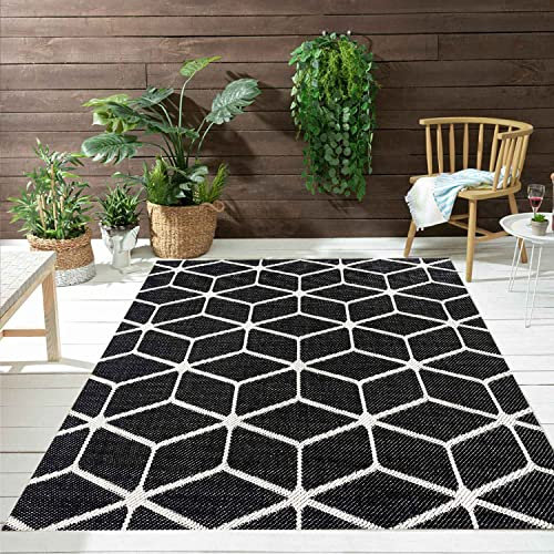 VIMODA Teppich Rauten Muster In- und Outdoor Tauglich Robuster Flachgewebe 100% Polypropylen Schwarz, Maße:200x280 cm