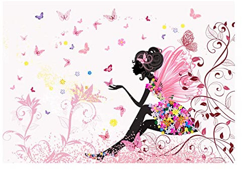 WallArena - Vlies Fototapete Kinderzimmer 312x219 cm Mädchen Fee Rosa Blumen Schmetterlinge für Kinder - Fototapeten Tapeten für Kinder Kindertapete - Vliestapete Wandtapete Tapete 3D Effekt