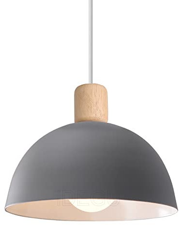 iDEGU Lustre Suspension Rétro Suspension Luminaire Moderne Style Demi-Cercle Plafonnier E27 en Bois Métal Lampe Suspension pour Chambre Salle à Manger Cuisine, Ø 20CM (Gris 1 pack)