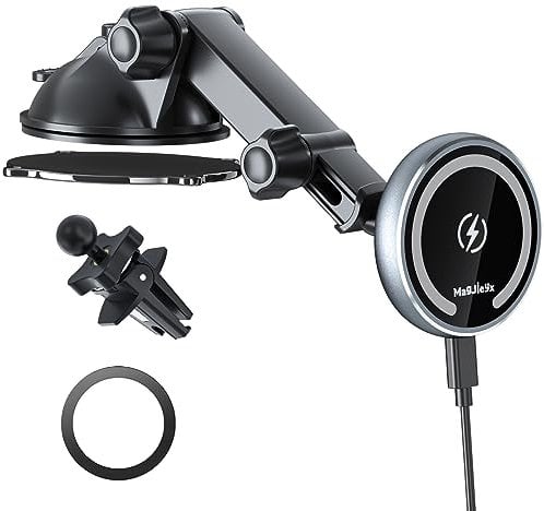 MAGJIEYX for MagSafe Car Mount Charger, Magnetic Wireless Fast Charging for iPhone15,14, 13, 12 Pro Max,Plus,Mini,3-in-1 Vent/Dash/Windshield Auto-Alignment Phone Holder(No 36W QC3.0 Adapter)