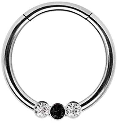 Piercing Smooth Segment Ring, Clicker mit DREI Steinen klar-schwarz in 1,2 x 8 mm