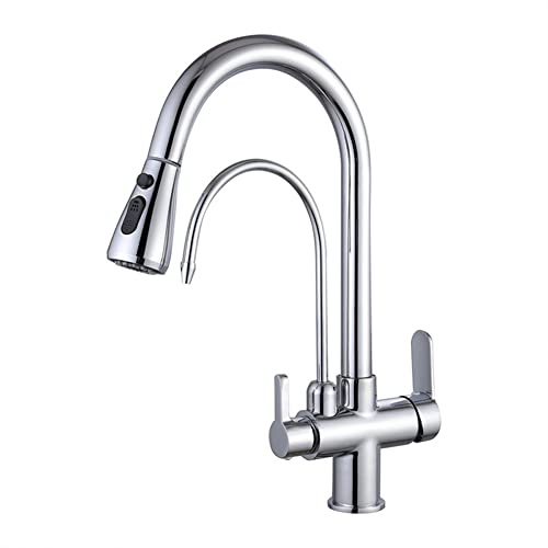Rubinetto Per Cucina 3 Vie Per Sistemi Osmosi Con Doccetta Estraibile A 2 Modalità, Doppia Leva Girevole A 360° Ottone Miscelatore Cucina Tre Vie Acqua Fredda E Calda Rubinetto Lavello Cucina, Cromato