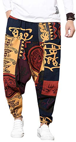 Pejihota Lose Hip-Hop-Haremshose für Herren, Leinen, böhmische Aladdin-Yogahose, Pumphose, tiefer Schritt, Retro-Print, Hose mit Taschen