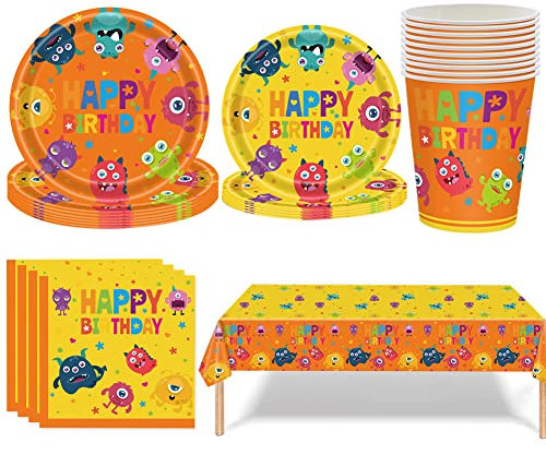 Babioms 51pcs Monster Party Tableware, Monster Party Decorations Including Monster Party Plates Cups Napkins Tablecloth, Monster Party Supplies, Kids' Party Tableware for 10 Guests