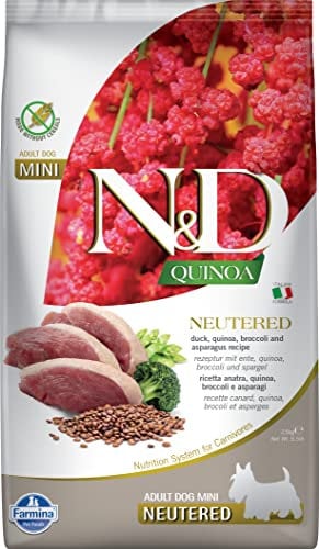 Farmina N&D Quinoa Adult Mini Pellets Hundefutter (Trockenfutter, mit hochwertigen Vitaminen und natürliche Antioxidantien, ohne Mais, Zutaten: Ente, Brokkoli und Spargel, Portionsgröße: 2,5 kg)