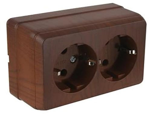 Aufputz Schuko Steckdose 2fach Holzfarben · Walnuss Imitat (Walnussfarben) · IP20 · Mutlusan · AP Serie Bron